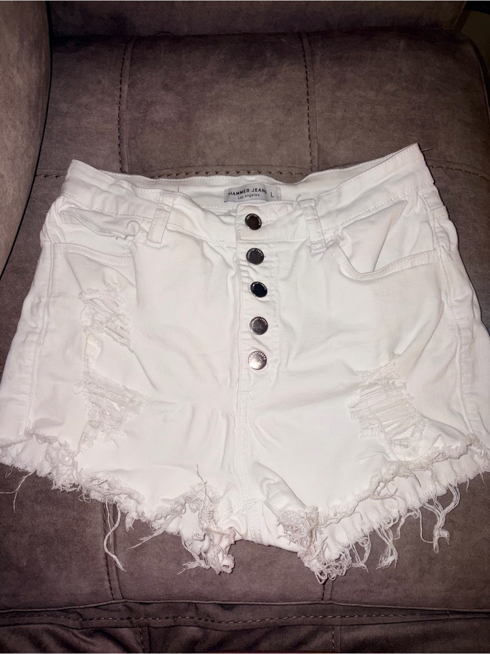High-Rise White Distressed Button-Fly Jean Shorts